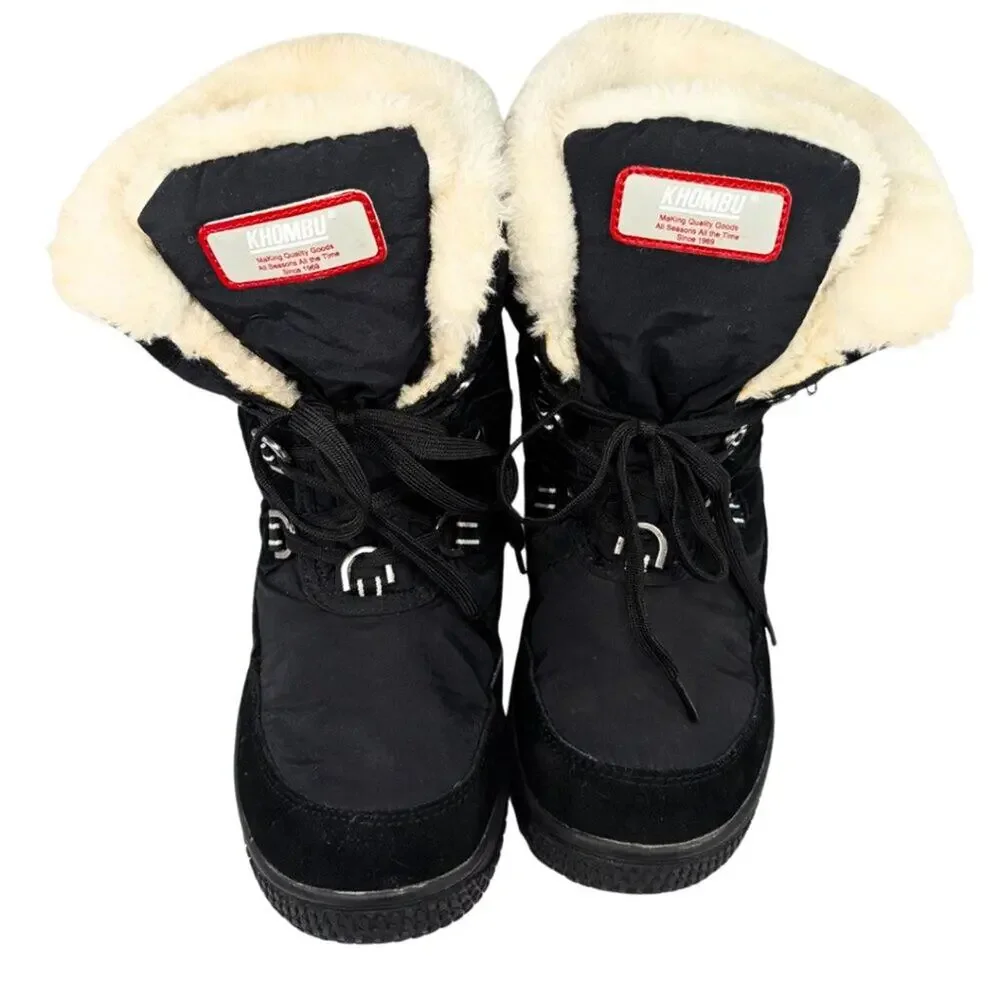 Khombu 8.5 Florence Black Leather Nylon Faux Fur Lined Winter Snow Boots